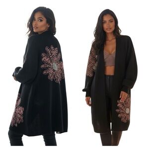 Rain Elegant Chic Cardigan with Rhinestones Floral Design Oversized Medium